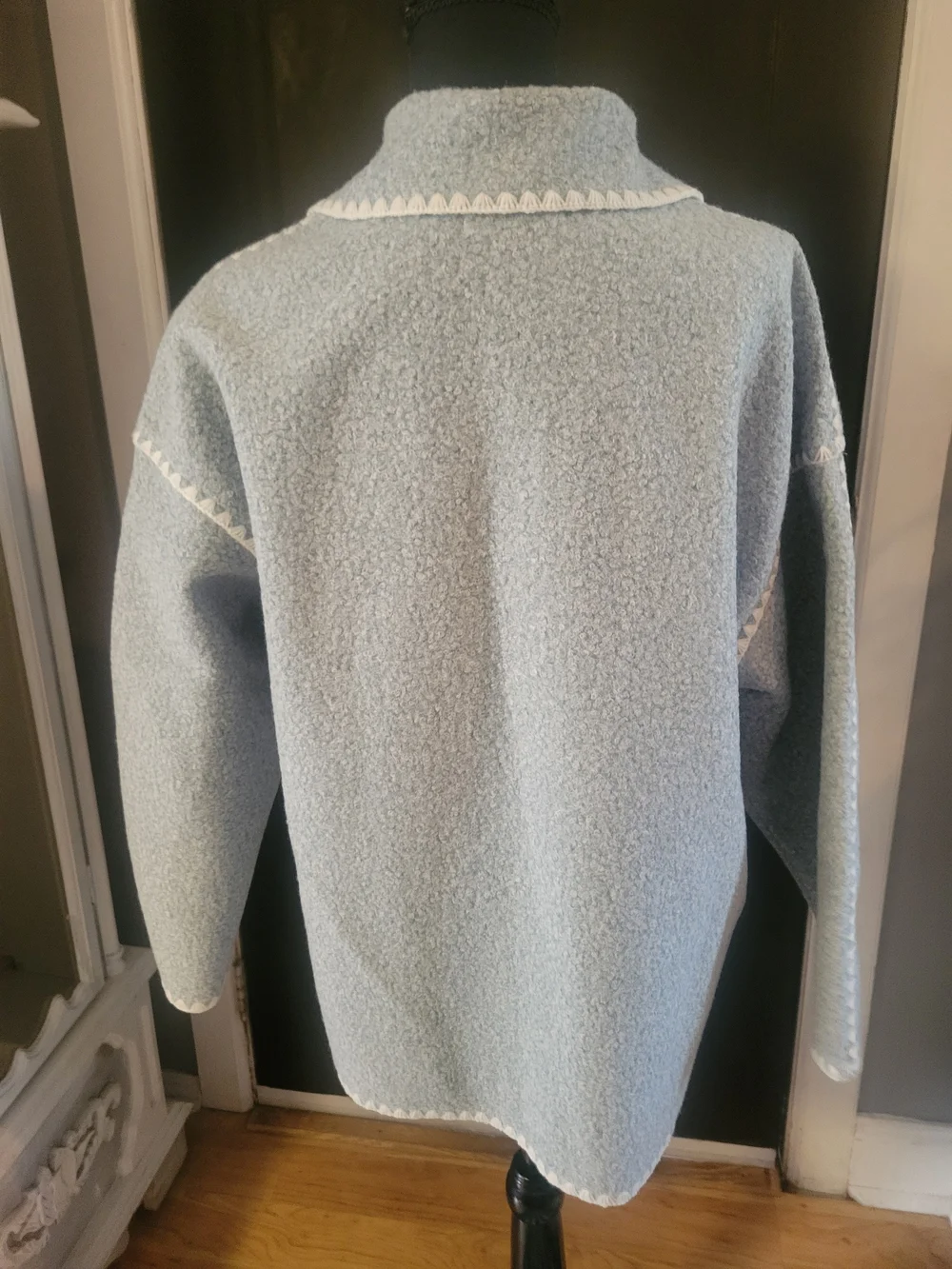 Light Blue Sherpa Pea Coat with Contrast Trim